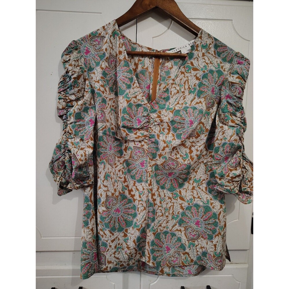 Veronica Beard Paisley Henrieta Ruched Half Sleeve Blouse Top Womens Size 8